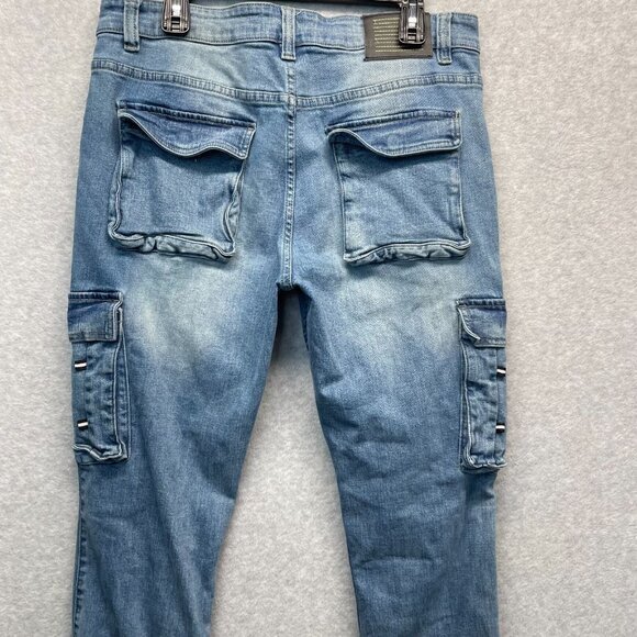 Serenede Men's 36 Cyber Cloud Cargo Jeans Bungee Cords Pockets Skinny Streetwear - Picture 12 of 14